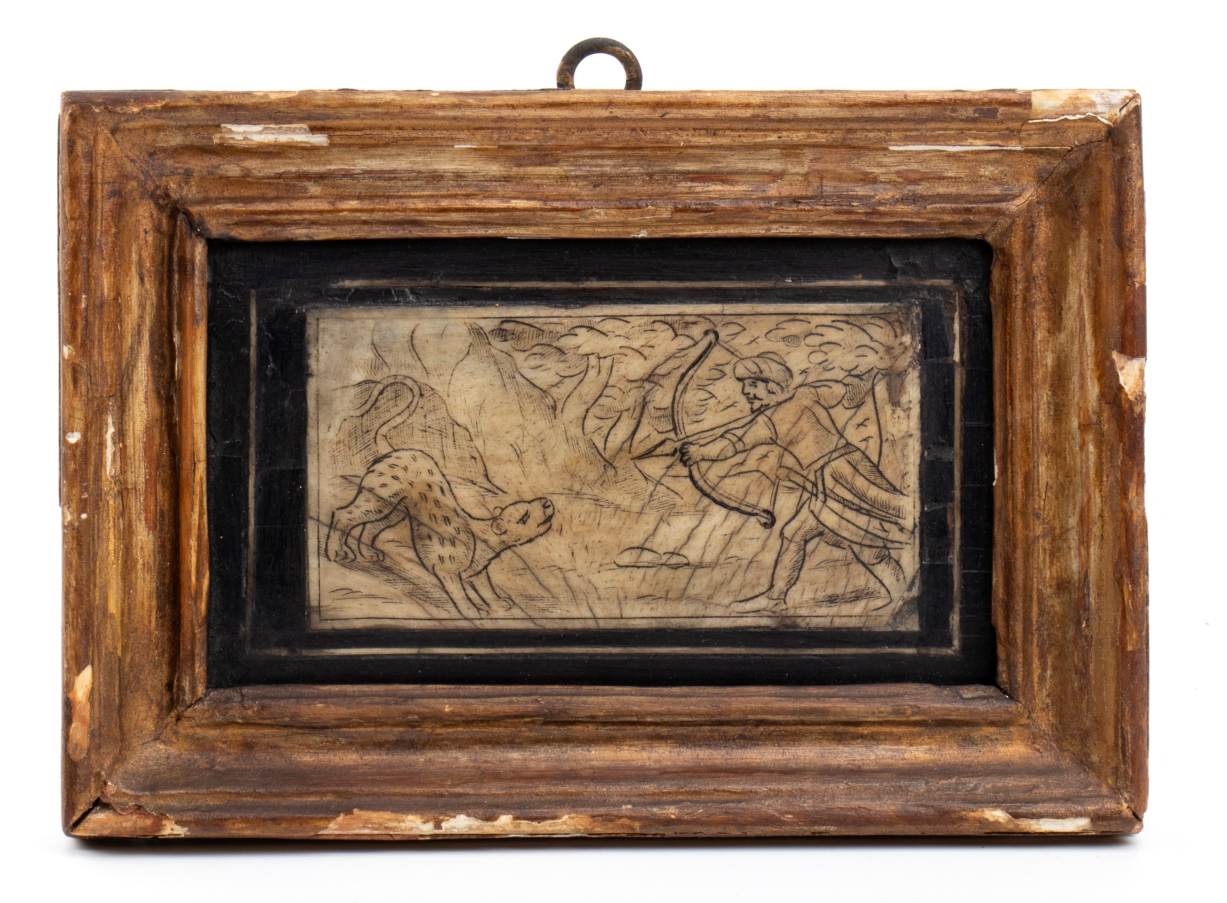 Placca incisa in osso con scena venatoria