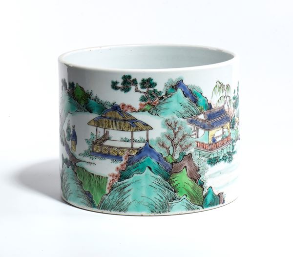 Importante porta-pennelli  in porcellana famiglia verde, Cina