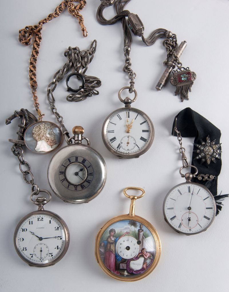 Lotto di sei orologi da tasca, XX secolo, metallo e argento