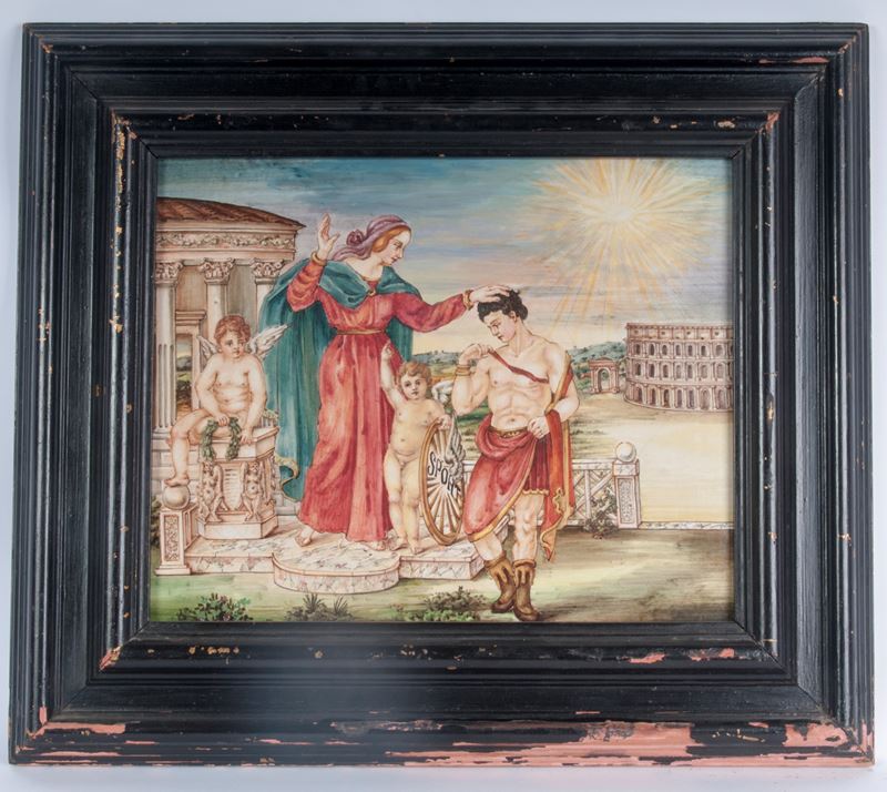 D. Emiliani, Allegoria dello sport, placca in ceramica policroma