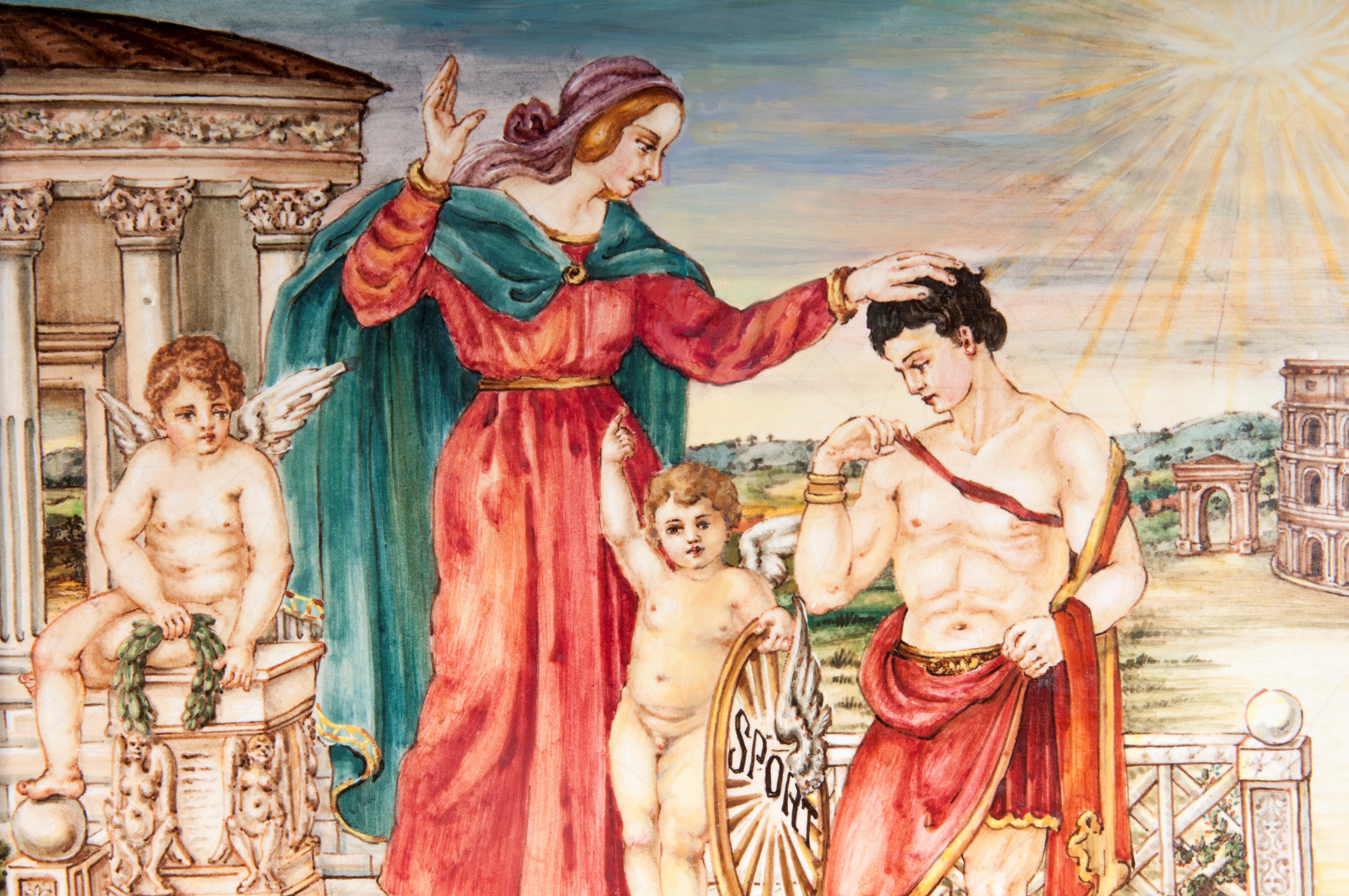 D. Emiliani, Allegoria dello sport, placca in ceramica policroma