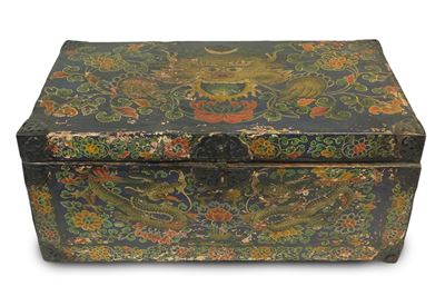 Cassa tibetana, legno e cuoio, XX secolo