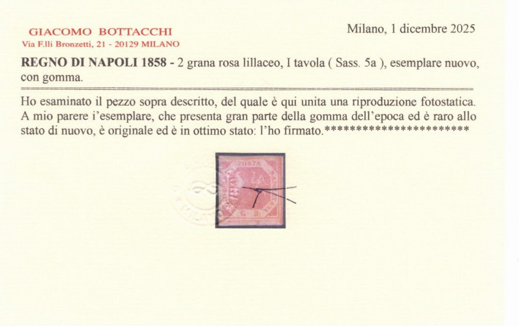 Napoli, 2 gr. I tav. rosa lillaceo n.5a, 1858, nuovo con gomma