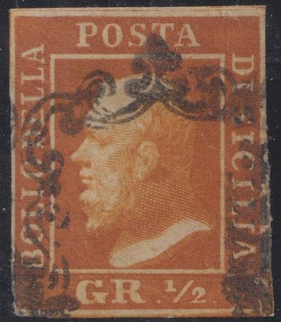 Sicilia, 1/2 Grammo, II Tavola, Carta di Napoli Arancio Scuro, n. 2c, 1858