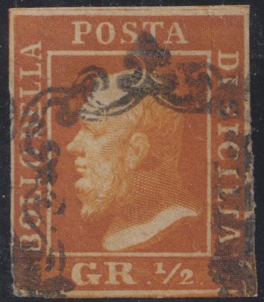 Sicilia, 1/2 Grammo, II Tavola, Carta di Napoli Arancio Scuro, n. 2c, 1858