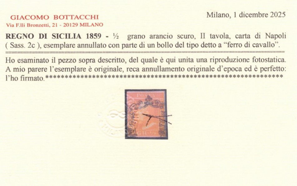 Sicilia, 1/2 Grammo, II Tavola, Carta di Napoli Arancio Scuro, n. 2c, 1858