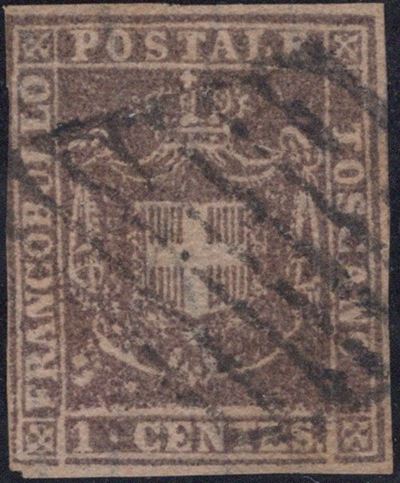 Cacciatori del Tevere, Francobollo da 1 centesimo violetto, 1860, usato