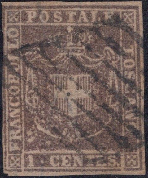 Cacciatori del Tevere, Francobollo da 1 centesimo violetto, 1860, usato