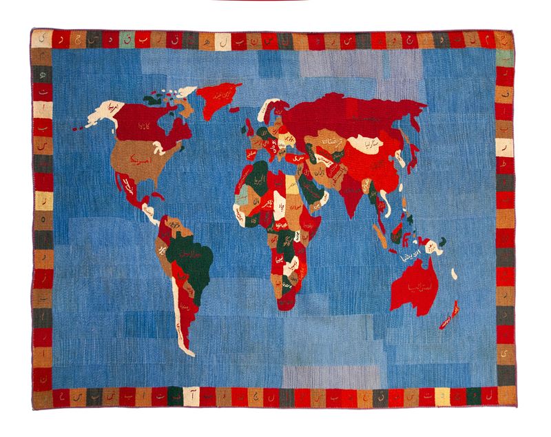 Suzani "Mappa del Mondo" ricamato in lana su tela di canapa. Afghanistan, Seconda Metà del XX sec...