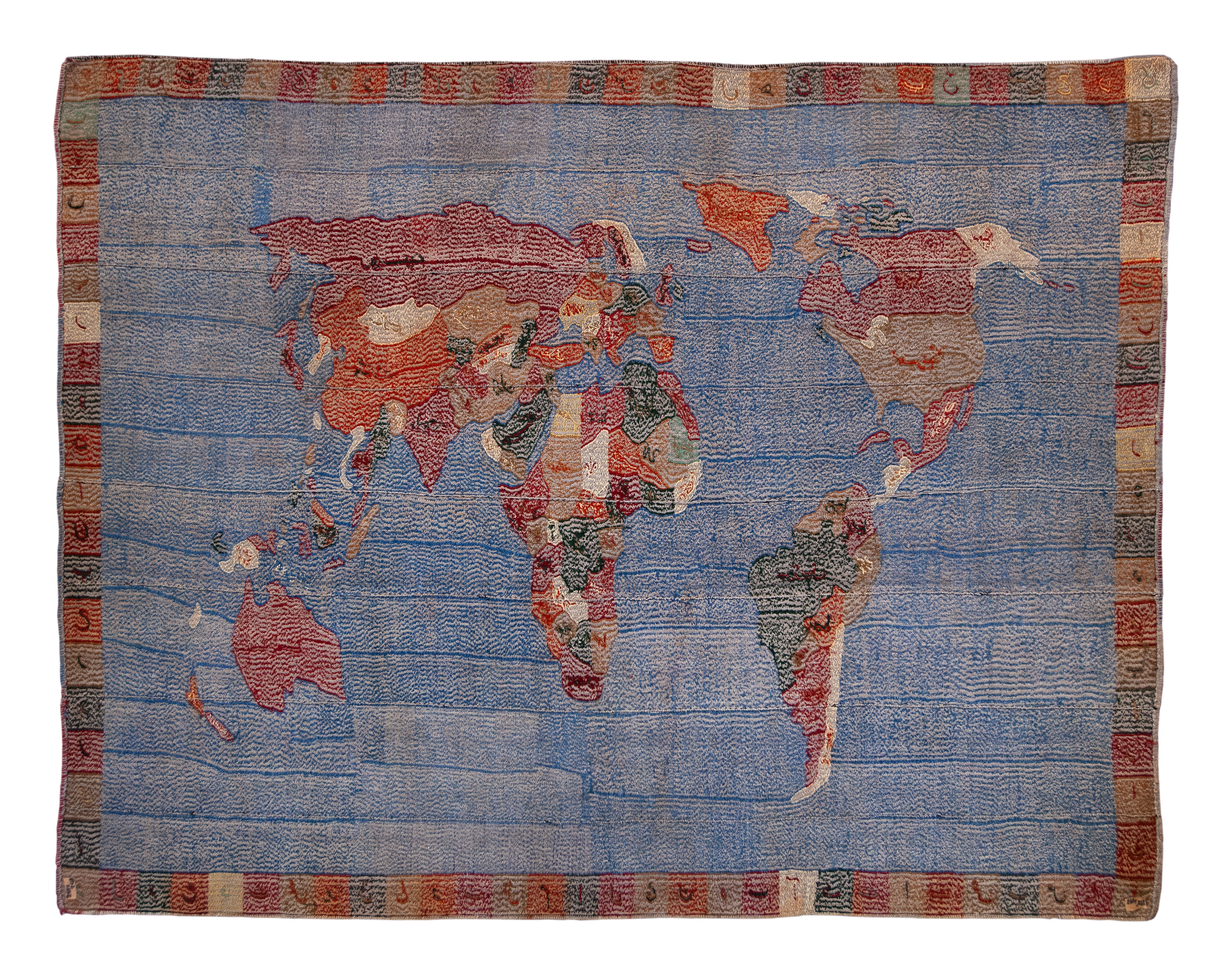 Suzani "Mappa del Mondo" ricamato in lana su tela di canapa. Afghanistan, Seconda Metà del XX sec...
