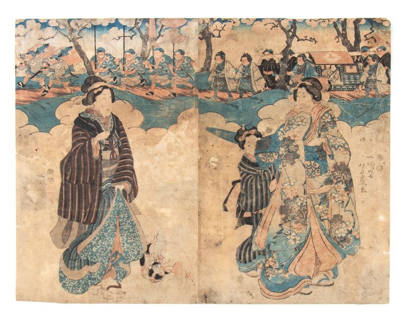 Utagawa Kunisada, Xilografia rappresentante una scena di vita culturale urbana