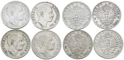 Vittorio Emanuele III, Lotto di 4 monete da 1 lira 1907 'Aquila sabauda', Ag