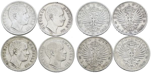 REGNO D'ITALIA. Vittorio Emanuele III (1900-1943). Lotto di 4 monete da 1 lira 1907 "Aquila sabauda". Ag; Gig. 131; Conservazioni varie