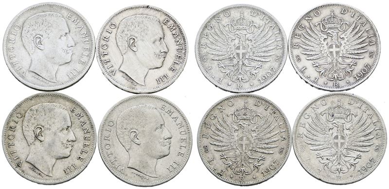 Vittorio Emanuele III, Lotto di 4 monete da 1 lira 1907 'Aquila sabauda', Ag