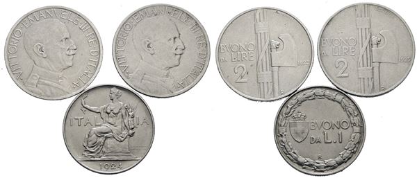 REGNO D'ITALIA. Vittorio Emanuele III (1900-1943). Lotto di 3 monete da 2 lire 1923-1925; 1 lira 1924. Ni; Conservazioni varie