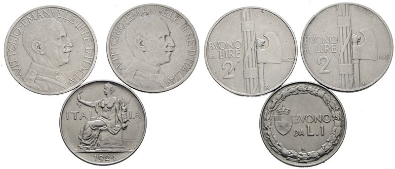 Regno d'Italia, Vittorio Emanuele III, Lotto di 3 monete da 2 lire (1923-1925) e 1 lira (1924)