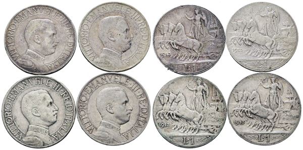 REGNO D'ITALIA. Vittorio Emanuele III (1900-1943). Lotto di 4 monete da 1 lira 1913 "Quadriga veloce". Ag; Gig. 136; Conservazioni varie