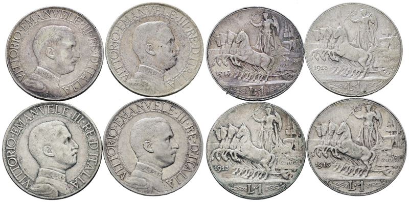 Vittorio Emanuele III, Lotto di 4 monete da 1 lira 1913 'Quadriga veloce', Argento