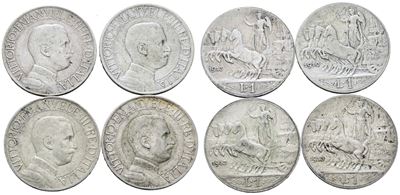 Vittorio Emanuele III, Lotto di 4 monete da 1 lira 'Quadriga veloce'
