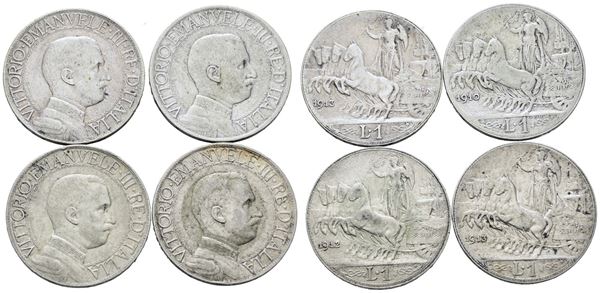 REGNO D'ITALIA. Vittorio Emanuele III (1900-1943). Lotto di 4 monete da 1 lira "Quadriga veloce". Ag; Date e conservazioni varie
