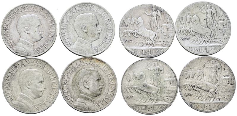 Regno D'italia. Vittorio Emanuele III (1900-1943). Lotto di 4 Monete da 1 Lira "quadriga Veloce"....
