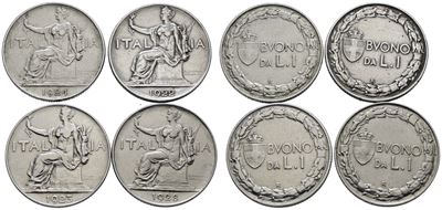 Vittorio Emanuele III, Lotto di 4 monete da 1 lira "Italia seduta"