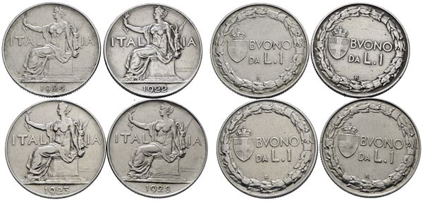 REGNO D'ITALIA. Vittorio Emanuele III (1900-1943). Lotto di 4 monete da 1 lira "Italia seduta". Ni; Date e conservazioni varie