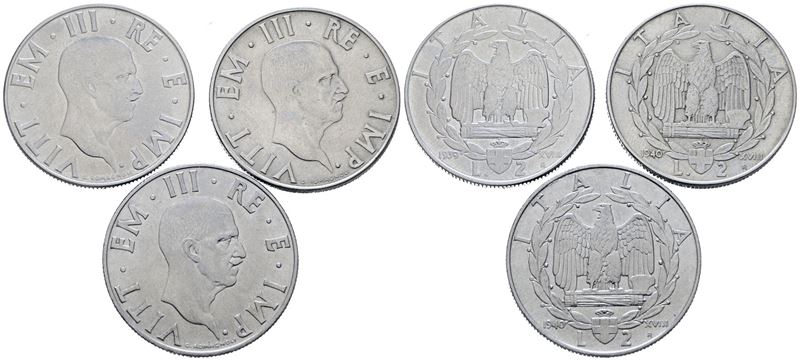 Vittorio Emanuele III, Lotto di 3 monete da 2 lire 'Impero' (1900-1943)