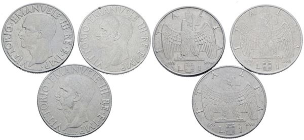 REGNO D'ITALIA. Vittorio Emanuele III (1900-1943). Lotto di 3 monete da 1 lira "Impero". Ac; Date e conservazioni varie