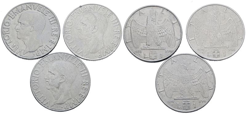 Vittorio Emanuele III, Lotto di 3 monete da 1 lira 'Impero'