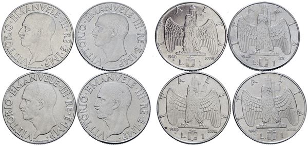 REGNO D'ITALIA. Vittorio Emanuele III (1900-1943). Lotto di 4 monete da 1 lira "Impero". Ac; Date e conservazioni varie