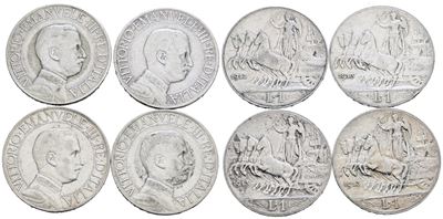 Vittorio Emanuele III, Lotto di 4 monete da 1 lira 'Quadriga Veloce', argento, diverse date e con...