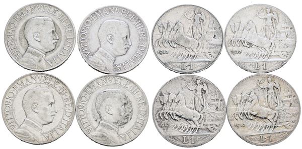 REGNO D'ITALIA. Vittorio Emanuele III (1900-1943). Lotto di 4 monete da 1 lira "Quadriga veloce. Ag; Date e conservazioni varie