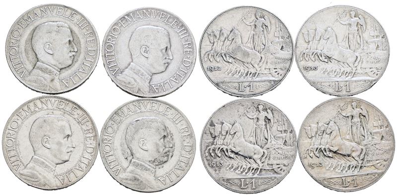 Vittorio Emanuele III, Lotto di 4 monete da 1 lira 'Quadriga Veloce', argento, diverse date e con...