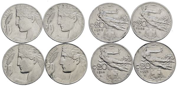 REGNO D'ITALIA. Vittorio Emanuele III (1900-1943). Lotto di 4 monete da 20 centesimi "Libertà librata". Ni; Date e conservazioni varie