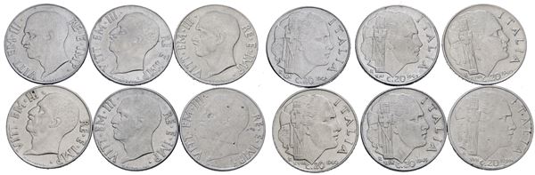 REGNO D'ITALIA. Vittorio Emanuele III (1900-1943). Lotto di 6 monete da 20 centesimi "Impero". Ac; Date e conservazioni varie