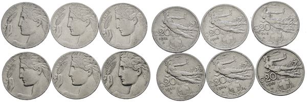 REGNO D'ITALIA. Vittorio Emanuele III (1900-1943). Lotto di 6 monete da 20 centesimi "Libertà librata". Ni; Date e conservazioni varie