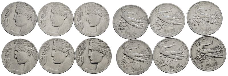 Regno D'italia. Vittorio Emanuele III (1900-1943). Lotto di 6 Monete da 20 Centesimi "libertà Lib...