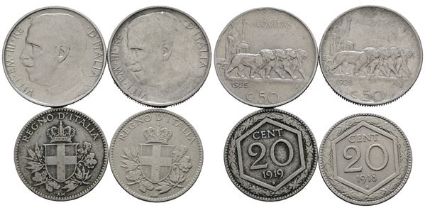 REGNO D'ITALIA. Vittorio Emanuele III (1900-1943). Lotto di 4 monete da 20 centesimi "Esagono"; 50 centesimi "Leoni" Ni; Date e conservazioni varie