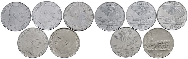 REGNO D'ITALIA. Vittorio Emanuele III (1900-1943). Lotto di 5 monete da 50 centesimi "Impero"; "Leoni". Date e conservazioni varie