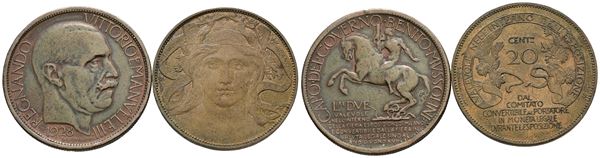 REGNO D'ITALIA. Vittorio Emanuele III (1900-1943). Lotto di 2 monete da 2 lire 1928 "Esposizione di Milano"; 20 centesimi 1906 "Esposizione di Milano". Cu. Conservazioni varie