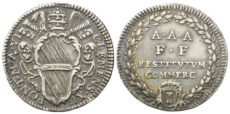 Clemente XII, Giulio Anno VI (1730-1740), scudo pontificio in argento