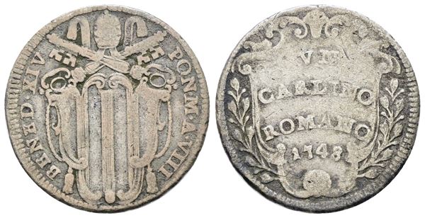 STATO PONTIFICIO. ROMA. Benedetto XIV (1740-1758). 2 carlini romani 1748 a.VIII. Ag; 5,5gr; Munt.151a; MIR 2618/2; NC; Q.BB