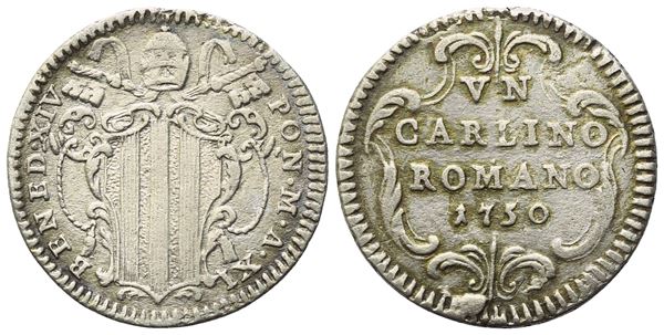 STATO PONTIFICIO. Roma. Benedetto XIV (1740-1758). Carlino 1750 – Anno XI; Ag (2,3 g; 20,8 mm)