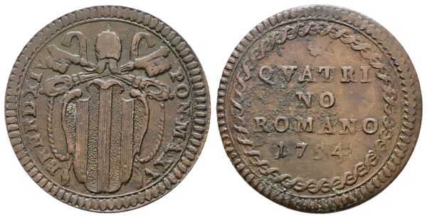 STATO PONTIFICIO. ROMA. Benedetto XIV (1740-1758). Quattrino 1754 a.XV. Cu; 2,3gr; Munt.216a; MIR 2625/6; Raro; BB/SPL