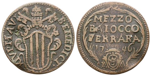 STATO PONTIFICIO. FERRARA. Benedetto XIV (1740-1758). Mezzo baiocco 1746. Cu; 5,9gr; Munt.282; MIR 2648/12; BB+