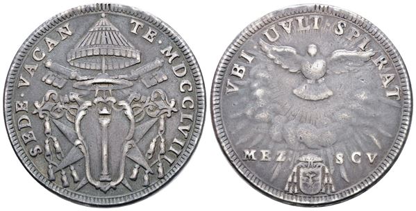 STATO PONTIFICIO. ROMA. Sede vacante 1758. Mezzo scudo 1758. Ag; 13gr; Munt.3; MIR 2697/1; Raro; MB+, ex mount.