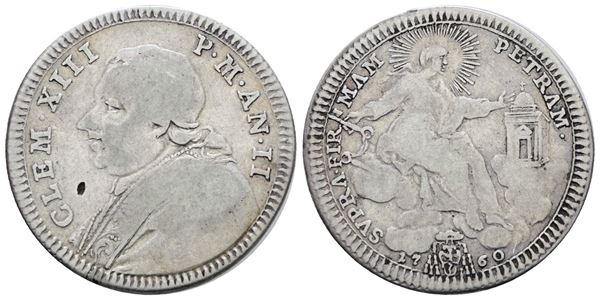 STATO PONTIFICIO. ROMA. Clemente XIII (1758-1769). Doppio giulio, quinto di scudo 1760, anno II. Ag; 5gr; Munt.18; MIR 2711/2; RR; Q.BB