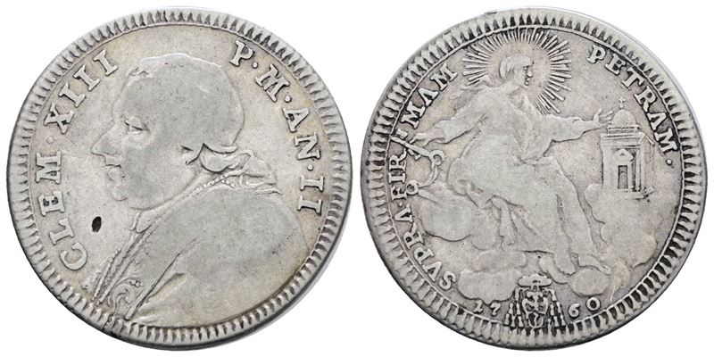 Stato Pontificio, Roma – Clemente XIII (1758-1769), Doppio Giulio, Quinto di Scudo 1760, Ag, 5gr