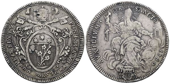 STATO PONTIFICIO. ROMA. Pio VI (1775-1799). Scudo 1780 "rami senza bacche". Ag; 26gr; Munt.-; MIR 2764/2; RRRR; Q.BB